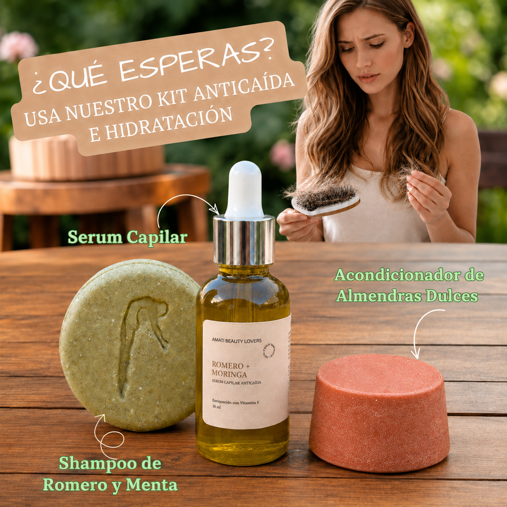 Kit Anticaída Capilar Mujer | Shampoo Romero & Menta + Acondicionador Almendras Dulces + Serum Romero & Moringa